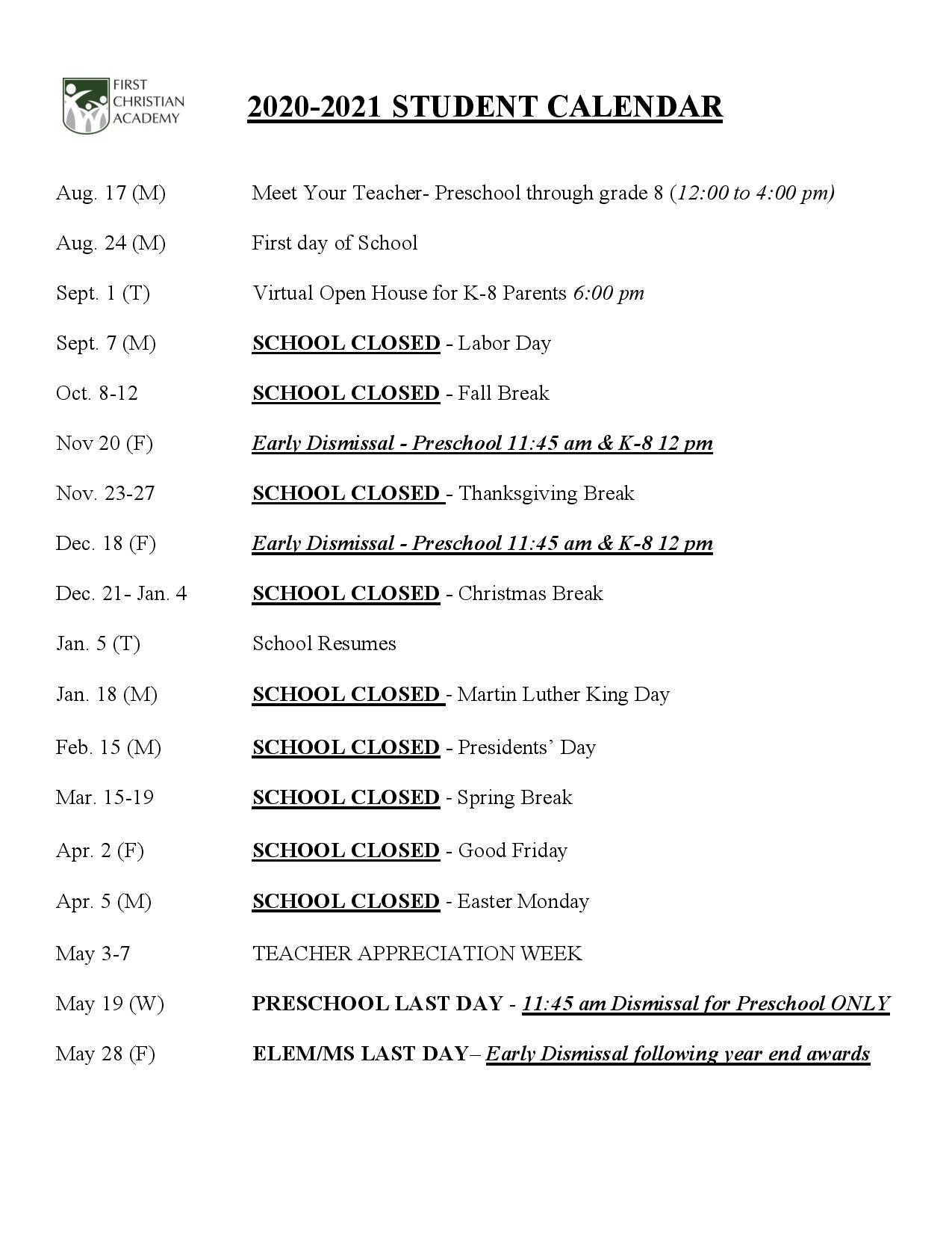Pinellas County School Calendar 2021-2022 FCA 2020 21 Calendar | First Christian Academy