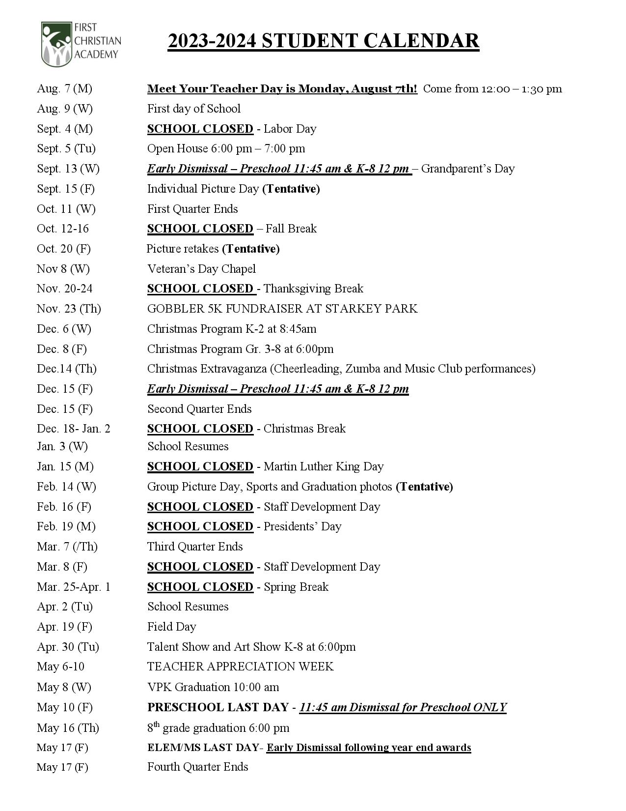 FCA 2023 24 Calendar First Christian Academy FCA 2023 24 Calendar First Christian Academy